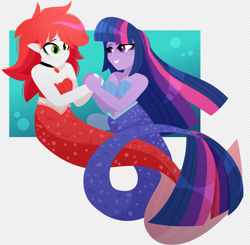 Size: 1206x1184 | Tagged: safe, artist:skulljooce, sci-twi, twilight sparkle, oc, oc:pearl rose, mermaid, equestria girls, g4, breasts, bubble, cleavage, duo, eyelashes, female, fish tail, flowing hair, flowing mane, holding hands, looking at each other, looking at someone, mermaid sci-twi, mermaid tail, mermaidized, ocean, smiling, smiling at each other, species swap, swimming, tail, underwater, water