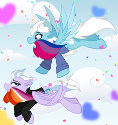 Size: 4278x4512 | Tagged: safe, artist:feather_bloom, oc, oc only, oc:feather bloom(fb), oc:feather_bloom, oc:silver haze(kaitykat), pegasus, pony, bisexual pride flag, clothes, confetti, detailed background, duo, ear piercing, earring, flying, jacket, jewelry, lesbian pride flag, piercing, pride, pride flag, sky