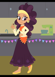 Size: 2768x3890 | Tagged: safe, artist:sjart117, saffron masala, human, equestria girls 10th anniversary, equestria girls, g4, bunting, clothes, ear piercing, earring, equestria girls-ified, female, high res, jewelry, kitchen, long skirt, looking at you, piercing, skirt, solo
