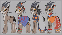 Size: 1920x1080 | Tagged: safe, artist:metaruscarlet, oc, oc only, oc:kyakyawa, gazelle, anklet, bald, bandage, bandana, bracelet, clothes, dress, ear piercing, earring, female, gray background, headband, horn, horn ring, horns, jewelry, markings, neck rings, necklace, piercing, reference sheet, ring, shirt, simple background, skirt, solo, tank top