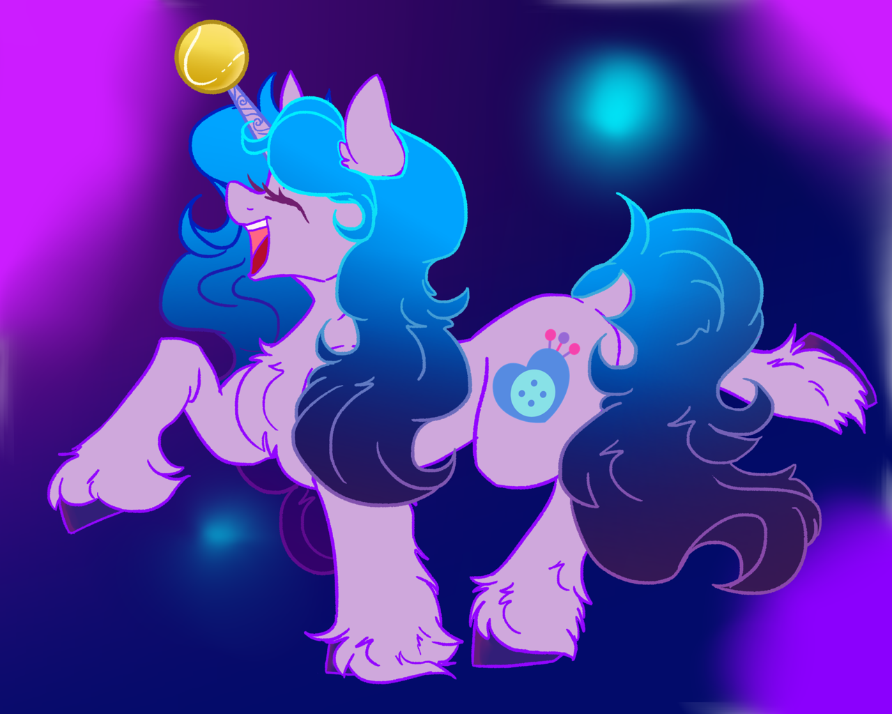 [ball,big smile,butt,chest fluff,colored,cute,dancing,digital art,dock,eyes closed,female,g5,happy,horn,long hair,long mane,mare,messy mane,open mouth,plot,pony,profile,raised hoof,safe,simple background,solo,tail,teeth,tennis ball,unicorn,unshorn fetlocks,long tail,colored lineart,blue hair,ear fluff,nostrils,flat colors,full body,colored eyelashes,abstract background,horn impalement,gradient mane,derpibooru exclusive,krita,blue background,blue mane,horn guard,blue tail,full color,gradient hair,gradient tail,artist:dankpegasista,purple fur,long eyelashes,standing on two hooves,izzybetes,izzy moonbow,hornball,izzy's tennis ball,my little pony: make your mark,sternocleidomastoid]