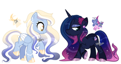 Size: 3808x2024 | Tagged: safe, artist:dixieadopts, oc, oc only, oc:lunar light, oc:moony, pegasus, pony, unicorn, blaze (coat marking), body markings, bracelet, coat markings, colored hooves, colored wings, colored wingtips, cyan eyes, duo, ear freckles, ear piercing, earring, ethereal mane, ethereal tail, eyeshadow, facial markings, female, flower, flower in hair, folded wings, freckles, frown, golden eyes, hair over one eye, high res, hoof shoes, horn, jewelry, leg freckles, lidded eyes, looking down, magical lesbian spawn, makeup, mare, offspring, parent:fluttershy, parent:princess luna, parents:lunashy, pegasus oc, piercing, raised hoof, siblings, simple background, sisters, smiling, sparkly hooves, sparkly mane, sparkly tail, starry mane, starry tail, tail, transparent background, twins, unicorn oc, wings, yellow eyes