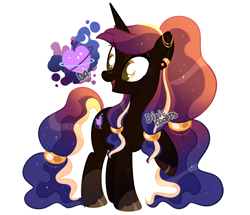 Size: 2000x1720 | Tagged: safe, artist:dixieadopts, oc, oc only, oc:lunar mist, pony, unicorn, coat markings, colored hooves, ear piercing, earring, ethereal mane, ethereal tail, eyeshadow, female, freckles, gradient mane, gradient tail, horn, jewelry, leg freckles, looking back, magical lesbian spawn, makeup, mare, offspring, parent:applejack, parent:oc:cosmic lotus, parents:canon x oc, piercing, ponytail, raised hoof, simple background, socks (coat markings), solo, sparkly mane, sparkly tail, standing, starry mane, starry tail, tail, tail jewelry, transparent background, turned head, unicorn oc, yellow eyes