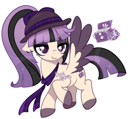 Size: 2000x1863 | Tagged: safe, artist:dixieadopts, oc, oc only, oc:daring glory, pegasus, pony, clothes, colored hooves, colored wings, colored wingtips, ear piercing, earring, ears back, eyeshadow, female, flying, grin, hat, jewelry, lidded eyes, magical lesbian spawn, makeup, mare, multicolored wings, offspring, parent:daring do, parent:twilight sparkle, parents:darelight, piercing, pink eyes, ponytail, purple eyes, scarf, simple background, smiling, solo, sparkly mane, sparkly tail, tail, transparent background, two toned wings, wings