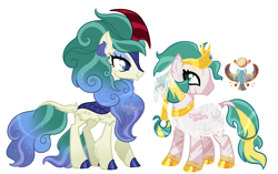 Size: 3553x2225 | Tagged: safe, artist:dixieadopts, oc, oc only, oc:aztura, oc:white storm, kirin, pony, zebra, belly fluff, cape, cheek fluff, circlet, closed mouth, clothes, cloven hooves, colored hooves, crown, duo, ear fluff, ear piercing, earring, female, fluffy, gradient mane, gradient tail, grin, height difference, high res, hoof shoes, hooves, jewelry, leg fluff, leonine tail, lightly watermarked, looking at each other, looking at someone, mare, physique difference, piercing, quadrupedal, regalia, shoulder fluff, simple background, slender, smiling, sparkly mane, sparkly tail, standing, stripes, tail, tail fluff, teal eyes, thin, transparent background, turned head, veil, watermark