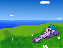 Size: 2000x1500 | Tagged: safe, artist:ebbysharp, izzy moonbow, pipp petals, zipp storm, pegasus, pony, unicorn, g5, atg 2023, cloud, female, flower, mare, newbie artist training grounds, ocean, outdoors, relaxing, royal sisters (g5), siblings, sisters, sky, smiling, solo focus, trio, water, when you see it