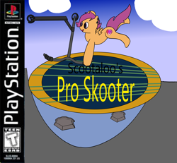 Size: 5960x5508 | Tagged: safe, artist:calicarpaswiftwing, scootaloo, pegasus, pony, g4, box art parody, female, filly, foal, joke, meme, misspelling, parody, scooter, sports, tony hawk's pro skater, video game