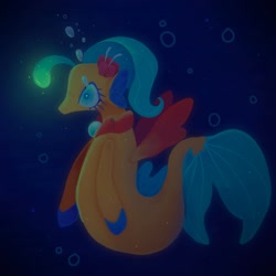 Size: 1440x1440 | Tagged: safe, artist:ariariari.png, princess skystar, hippogriff, seapony (g4), g4, my little pony: the movie, blue eyes, blue mane, bubble, crying, dark, dorsal fin, female, fin, fin wings, fins, fish tail, flower, flower in hair, flowing mane, flowing tail, glowing, jewelry, necklace, ocean, pearl necklace, solo, swimming, tail, underwater, water, wings