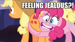 Size: 1136x640 | Tagged: safe, edit, edited screencap, screencap, applejack, pinkie pie, earth pony, pony, g4, shadow play, applebutt, butt, butt touch, butthug, caption, duo, duo female, faic, female, hug, image macro, looking at you, mare, pinkie hugging applejack's butt, plot, smiling, talking to viewer, text