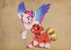 Size: 4961x3508 | Tagged: safe, artist:haruh_ink, sprout cloverleaf, zipp storm, earth pony, pegasus, pony, g5, my little pony: a new generation, absurd resolution, blushing, brown background, colored wings, commission, cute, drawing, duo, duo male and female, eyebrows, female, flying, gradient wings, grin, looking away, male, mare, open mouth, open smile, ship:cloverstorm, shipping, signature, simple background, smiling, spread wings, sproutlove, stallion, straight, teasing, wings
