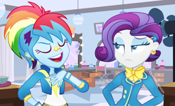 Size: 2988x1808 | Tagged: safe, artist:lavender-doodles, rainbow dash, rarity, human, equestria girls, g4, alternate hairstyle, bandaid, bragging, clothes, ear piercing, earring, eyebrows, eyes closed, female, indoors, jacket, jewelry, lidded eyes, mirror, piercing, raised eyebrow, thunderbolt, unamused