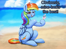 Size: 2732x2048 | Tagged: safe, artist:phutashi, princess celestia, rainbow dash, pegasus, pony, g4, backwards cutie mark, beach, dialogue, female, food, high res, lidded eyes, looking at you, mare, melting, ocean, popsicle, sitting, smiling, smiling at you, smug, solo, talking to viewer, water