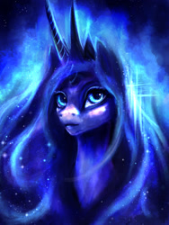 Size: 900x1200 | Tagged: safe, artist:kreativpony, princess luna, alicorn, pony, g4, bust, colored, crown, curved horn, ethereal mane, female, horn, jewelry, mare, portrait, regalia, solo, starry mane