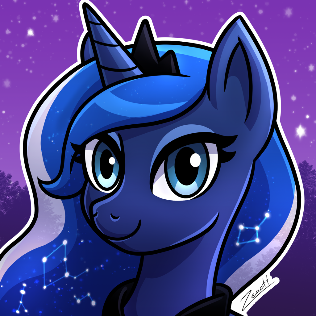 [alicorn,bust,commission,constellation,eyelashes,female,icon,jewelry,looking at you,mare,outline,pony,portrait,princess luna,safe,signature,solo,starry night,stars,regalia,ethereal mane,starry mane,abstract background,profile picture,smiling,smiling at you,purple background,white outline,headshot commission,artist:zeaott,commissioner:soulphase]