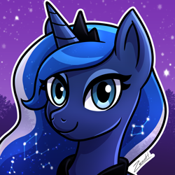 Size: 1920x1920 | Tagged: safe, artist:zeaott, princess luna, alicorn, pony, g4, abstract background, bust, commission, commissioner:soulphase, constellation, constellation hair, ethereal mane, eyelashes, female, headshot commission, icon, jewelry, looking at you, mare, outline, portrait, profile picture, purple background, regalia, signature, smiling, smiling at you, solo, starry mane, starry night, stars, white outline