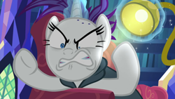 Size: 1920x1080 | Tagged: safe, screencap, rarity, pony, unicorn, g4, it isn't the mane thing about you, season 7, 1080p, angry, cloak, clothes, female, gritted teeth, lamp, library, magic, mare, shrunken pupils, solo, teeth, telekinesis, twilight's castle, twilight's castle library
