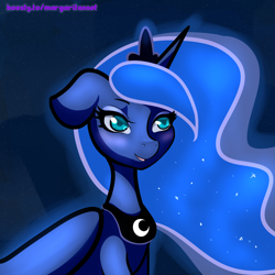 Size: 2000x2000 | Tagged: safe, artist:margaritaenot, princess luna, alicorn, pony, g4, blue background, blushing, bust, gradient background, high res, portrait, simple background, solo