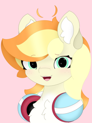 Size: 1080x1440 | Tagged: safe, artist:sodapop sprays, oc, oc only, oc:sodapop sprays, pegasus, pony, chest fluff, ear fluff, female, looking at you, mare, pink background, simple background, smiling, smiling at you, solo