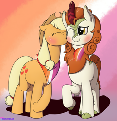 Size: 2317x2400 | Tagged: safe, artist:passionpanther, applejack, autumn blaze, earth pony, kirin, pony, g4, autumnjack, blushing, cheek kiss, cloven hooves, duo, female, high res, kissing, lesbian, lesbian pride flag, pride, pride flag, pride month, shipping