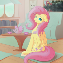 Size: 2000x2000 | Tagged: safe, artist:aterhut, fluttershy, pegasus, pony, g4, cup, female, floppy ears, high res, looking at you, looking back, looking back at you, mare, signature, sitting, smiling, solo, table, teacup, teapot