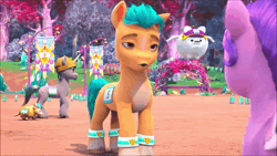 Size: 1280x720 | Tagged: safe, screencap, cloudpuff, hitch trailblazer, pipp petals, armadillo, dog, earth pony, flying pomeranian, pegasus, pomeranian, pony, unicorn, g5, my little pony: make your mark, my little pony: make your mark chapter 4, the jinxie games, spoiler:g5, spoiler:my little pony: make your mark, spoiler:my little pony: make your mark chapter 4, spoiler:mymc04e03, animated, bridlewood, female, implied queen haven, male, mare, out of context, stallion, unnamed character, unnamed pony, webm, winged dog