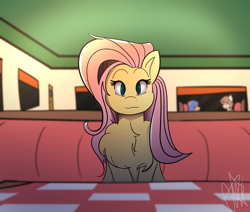 Size: 2562x2171 | Tagged: safe, artist:ermecg, fluttershy, pegasus, pony, g4, blurry background, cafe, chest fluff, eyes open, high res, looking at you, simple shading, solo focus