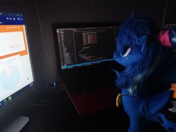 Size: 4000x3000 | Tagged: safe, princess luna, alicorn, pony, g4, 80s princess luna, code, computer, female, graph, irl, laptop computer, luna plushie, mare, photo, plushie, retro, solo, spanish