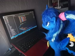 Size: 4000x3000 | Tagged: safe, princess luna, pegasus, pony, g4, 80s princess luna, code, computer, irl, laptop computer, luna plushie, photo, plushie, retro, solo