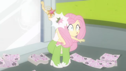 Size: 1280x720 | Tagged: safe, screencap, fluttershy, human, equestria girls, g4, my little pony equestria girls, big crown thingy, boots, clothes, crown, element of magic, hit, impact, impact font, jewelry, ouch, polka dot socks, regalia, shoes, socks, solo, throwing things at fluttershy