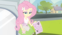 Size: 1280x720 | Tagged: safe, screencap, fluttershy, human, equestria girls, g4, my little pony equestria girls, clothes, eyebrows, female, fluttershy's skirt, flyer, raised eyebrow, skinny, skirt, solo, thin