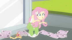 Size: 1280x720 | Tagged: safe, screencap, fluttershy, human, equestria girls, g4, big crown thingy, boots, clothes, crown, element of magic, flyer, jewelry, o mouth, polka dot socks, regalia, shoes, socks, solo, wide eyes