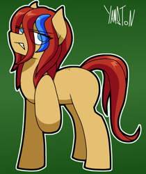 Size: 1308x1558 | Tagged: safe, artist:yamston, oc, oc only, oc:leon leopold, earth pony, pony, fanfic:living the dream, 2023, blue eyes, fanfic art, female, freckles, green background, looking back, mare, raised hoof, red mane, solo, tail, two toned mane, yellow coat