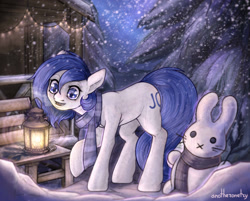 Size: 2141x1721 | Tagged: safe, artist:anotheronetry, oc, oc only, earth pony, pony, bench, clothes, forest, house, lantern, scarf, snow, snowfall, solo, striped scarf, tree