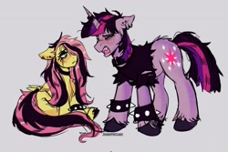 Size: 3000x2000 | Tagged: safe, artist:jhonnysheep, fluttershy, twilight sparkle, pegasus, pony, unicorn, g4, alternate hairstyle, angry, blushing, closed mouth, clothes, collar, draw this again, draw this in your style, duo, ear piercing, emo, emo twilight, emoshy, eyes closed, female, floppy ears, gray background, high res, hoofband, horn, jewelry, lidded eyes, listening, looking at each other, looking at someone, makeup, mare, meme, messy mane, messy tail, open mouth, piercing, redraw, screaming, signature, simple background, sitting, spiked wristband, standing, tail, torn clothes, unshorn fetlocks, we're emo, wings, wristband