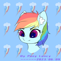 Size: 1600x1600 | Tagged: safe, artist:lancy, rainbow dash, pegasus, pony, g4, bust, colored ear fluff, cute, cute little fangs, cutie mark background, ear fluff, eyebrows, eyebrows visible through hair, fangs, female, mare, portrait, smiling, solo, tiled background