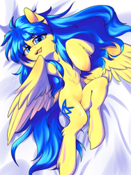 Size: 1800x2400 | Tagged: safe, artist:ktk's sky, oc, oc only, oc:redsun sky, pegasus, pony, armpits, bed, chest fluff, featureless crotch, long hair, long hair male, lying down, male, male oc, on bed, solo, tongue out
