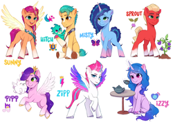 Size: 3508x2480 | Tagged: safe, artist:xiaowu07, cloudpuff, hitch trailblazer, izzy moonbow, misty brightdawn, pipp petals, sparky sparkeroni, sprout cloverleaf, sunny starscout, zipp storm, alicorn, dog, dragon, earth pony, flying pomeranian, pegasus, pomeranian, pony, unicorn, g5, baby, baby dragon, blaze (coat marking), bracelet, coat markings, colored wings, cornrows, cup, cute, facial markings, female, fluttershy's cutie mark, friendship bracelet, high res, hoof heart, jewelry, looking at someone, looking at you, male, mane five, mane seven (g5), mane six (g5), mane stripe sunny, mare, papa hitch, pins, plant, ponytail, race swap, rainbow dash's cutie mark, sheriff's badge, simple background, sitting, smiling, socks (coat markings), sprout joins the mane five, stallion, sunnycorn, table, teacup, teapot, twilight sparkle's cutie mark, underhoof, unshorn fetlocks, upside-down hoof heart, white background, winged dog, wings