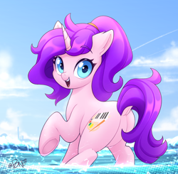 Size: 2664x2612 | Tagged: safe, artist:rivin177, oc, oc only, oc:rivin, pony, unicorn, beach, belly, big eyes, blue eyes, butt, cloud, collaboration, dock, featureless crotch, floppy ears, high res, looking at you, looking back, looking back at you, plot, ponytail, raised hoof, sky, solo, summer, tail, underhoof, water, wave, wet