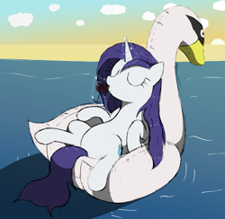 Size: 4335x4230 | Tagged: safe, anonymous artist, rarity, pony, unicorn, g4, alcohol, beach, cloud, drink, eyes closed, female, floaty, inflatable toy, magic, mare, pool toy, sitting, sky, solo, water, wet, wet mane, wet mane rarity, wine