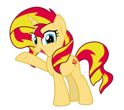 Size: 1845x1641 | Tagged: safe, artist:lydia, sunset shimmer, pony, unicorn, equestria girls 10th anniversary, equestria girls, g4, curly mane, cute, female, happy, laughing, looking at you, open mouth, raised hoof, show accurate, simple background, smiling, smiling at you, solo, standing, sun, transparent background