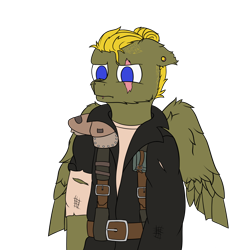 Size: 2000x2000 | Tagged: safe, artist:donnik, oc, oc only, oc:donnik, pegasus, pony, clipped wings, clothes, eye scar, facial scar, high res, jacket, mad max, scar, simple background, solo, transparent background, wings