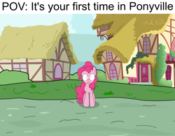 Size: 4960x3875 | Tagged: safe, artist:sketchyboi25, pinkie pie, earth pony, pony, g4, looking at you, ponyville, pov, solo, stare, text
