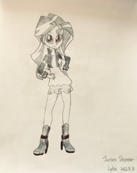 Size: 1701x2143 | Tagged: safe, artist:lydia, sunset shimmer, human, equestria girls 10th anniversary, equestria girls, g4, clothes, female, looking at you, monochrome, paper, pencil, pencil drawing, shoes, smiling, smiling at you, solo, standing, traditional art