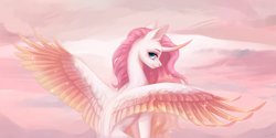 Size: 4000x2000 | Tagged: safe, artist:miurimau, oc, oc only, alicorn, pony, alicorn oc, body freckles, colored wings, curved horn, female, freckles, gradient mane, gradient wings, half body, horn, looking at you, looking back, looking back at you, mare, sitting, sky background, solo, spread wings, wings