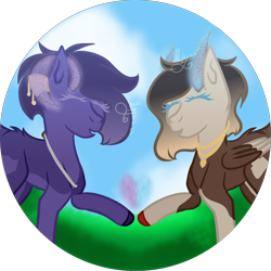 Size: 2000x2000 | Tagged: safe, artist:thecommandermiky, oc, oc:miky command, oc:reagan, deer, deer pony, original species, accessory, cloud, deer oc, duo, duo female, eyes closed, female, folded wings, glowing, glowing heart, glowing horn, grass, grass field, heart, high res, horn, horn jewelry, jewelry, mare, non-pony oc, open mouth, raised hoof, sky, wings