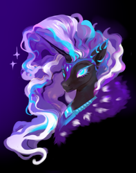 Size: 1557x1978 | Tagged: safe, artist:seasolttiy, nightmare rarity, pony, unicorn, g4, blue eyes, bust, collar, colored pupils, crown, digital art, ear fluff, ethereal mane, eyelashes, female, flowing mane, gem, helmet, horn, jewelry, looking at you, mare, portrait, purple background, regalia, simple background, smiling, smiling at you, solo, sparkles, starry mane