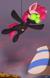 Size: 1294x2000 | Tagged: safe, artist:arcane-thunder, pinkie pie, earth pony, pony, g4, atg 2023, catsuit, clothes, female, food, goggles, laser, mare, newbie artist training grounds, pie, pinkie spy, sneaking suit, solo, spy