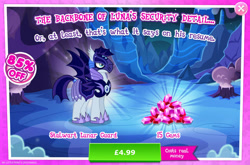 Size: 1961x1297 | Tagged: safe, gameloft, moonmist, bat pony, pony, g4, my little pony: magic princess, advertisement, alternate timeline, armor, costs real money, english, gem, helmet, introduction card, male, mobile game, nightmare takeover timeline, numbers, sale, solo, spread wings, stallion, text, wings