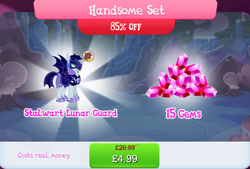 Size: 1265x857 | Tagged: safe, gameloft, moonmist, bat pony, pony, g4, my little pony: magic princess, alternate timeline, armor, bundle, costs real money, english, gem, helmet, male, mobile game, nightmare takeover timeline, numbers, sale, solo, spread wings, stallion, text, wings