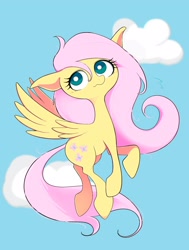 Size: 1550x2048 | Tagged: safe, artist:noupu, fluttershy, pegasus, pony, g4, female, flying, mare, sky background, solo, spread wings, white pupils, wings